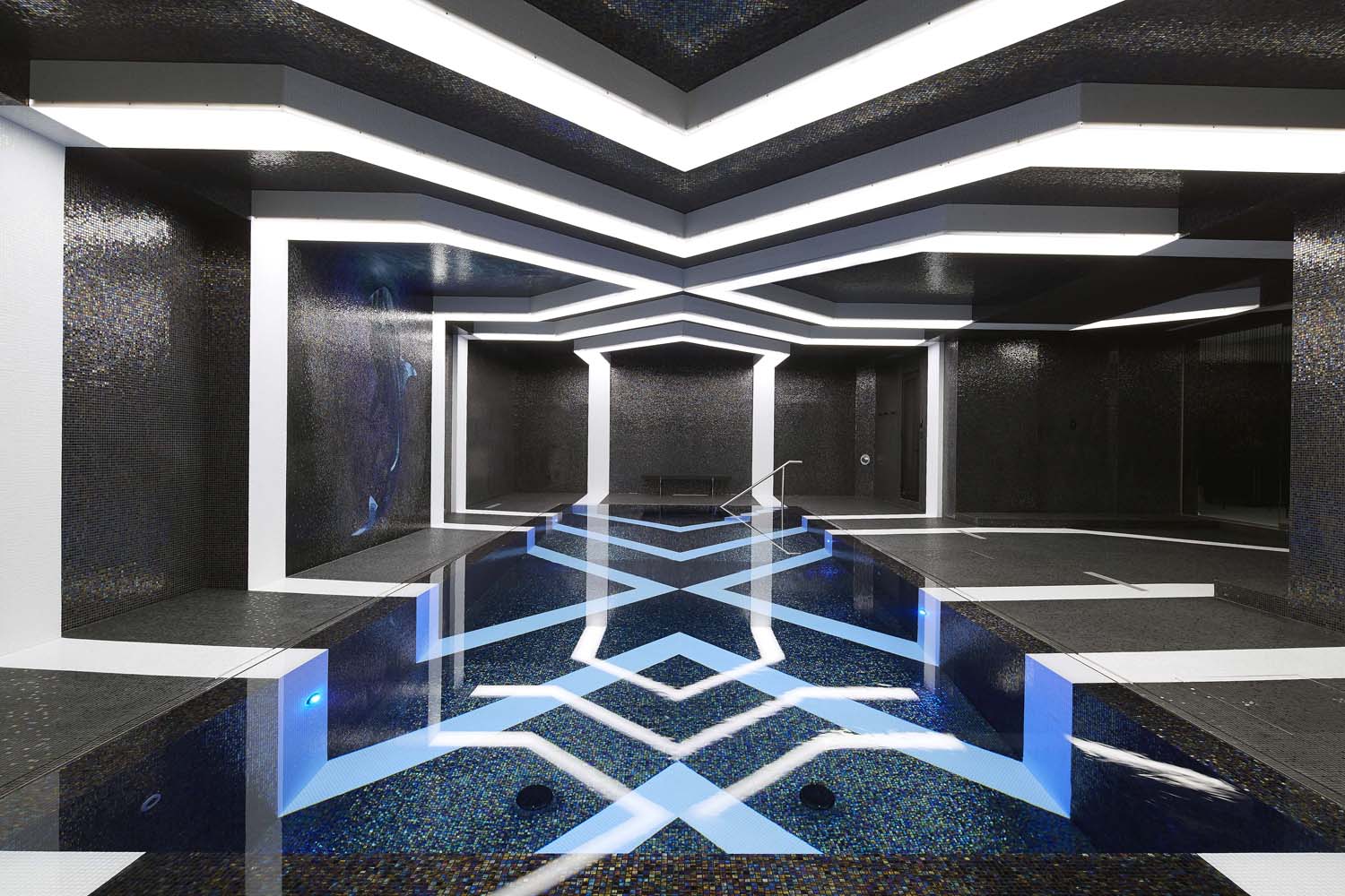 Indoor perimeter-overflow pool in hand-laid SICIS glass mosaic — Basal Master Builds